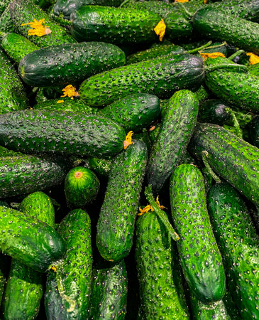 Delicious vegetables at the weekend market. Red tomato. Green juicy pepper. Red pepper. Green juicy cucumbersの写真素材