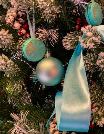 Preparations for the celebration of Christmas with evening light. Decorations on the Christmas tree. World of beautyの写真素材