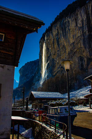 Famous village Lauterbrunnen in swiss alps - starting point for train tours in the Jungfrau region, Switzerland.の写真素材