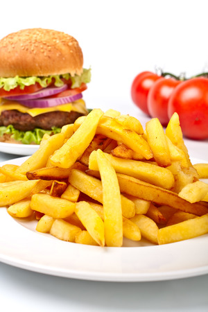 a big cheeseburger and a large portion of french fries with tomatoesの写真素材