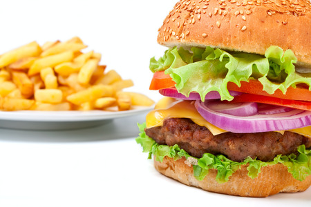 french fries and big cheeseburgerの写真素材