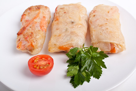 three spring rolls on plateの写真素材
