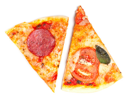 salami and margherita pizza slicesの写真素材