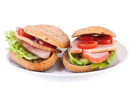 two healthy sandwiches on white plateの写真素材