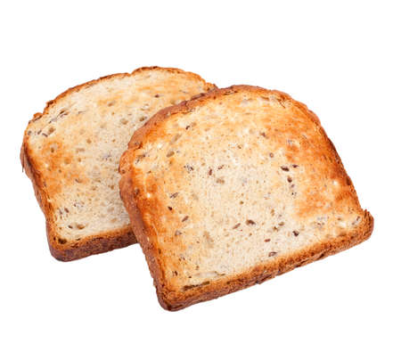 two crispy white bread toasts isolated on white backgroundの写真素材