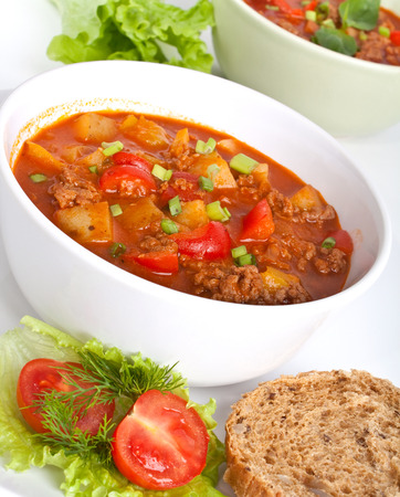 two servings of minced meat and vegetable tomato soupの写真素材