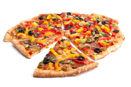 sliced colorful vegetable pizzaの写真素材