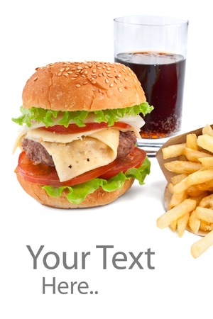 cheeseburger, french fries and cola on white backgroundの写真素材