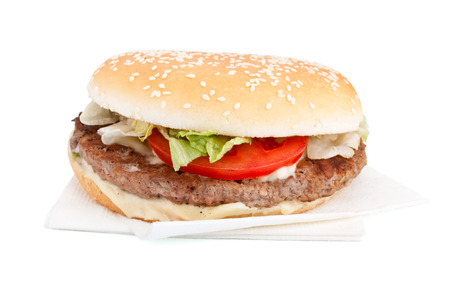 single cheeseburger on white backgroundの写真素材