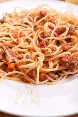 Spaghetti bolognese on big white plateの写真素材