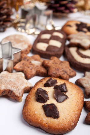 big pile of various cookies with pinecones and christmas toysの写真素材