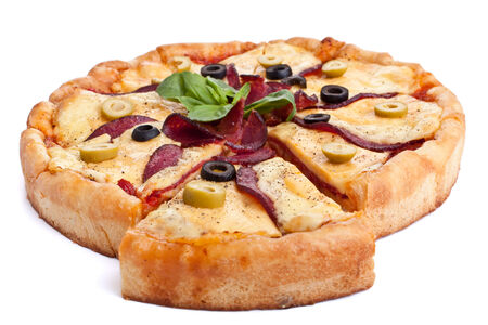 pepperoni pizza with olives on whiteの写真素材