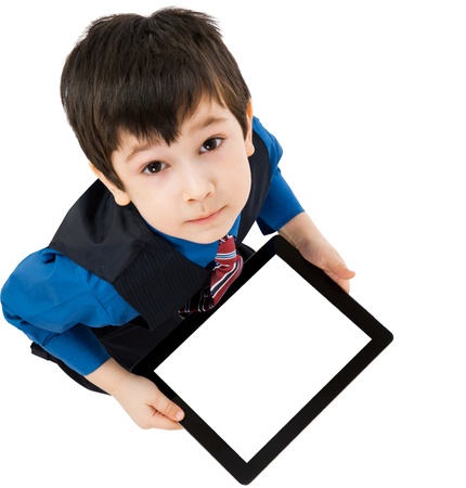 Portrait child with digital tablet on white backgroundの写真素材