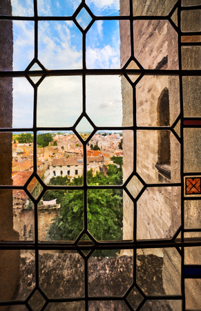 View of Avignon through the stained glass windows of the castle. Franceのeditorial素材
