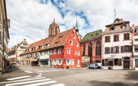 Selestat, France - July 06, 2019: Beautiful half-timbered houses in the historic center of Selestat in Alsace.のeditorial素材