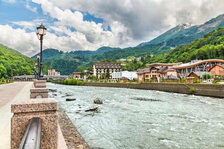 Sochi, Russia - June 01, 2015: View of the embankment of river Mzymta in Rosa Khutor mountain ski resort, Sochiのeditorial素材