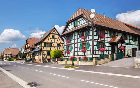 Waldighoffen, France - July 15, 2019: Colorful ornamented facades in medieval town Waldighoffen, Alsace, France, Europeのeditorial素材