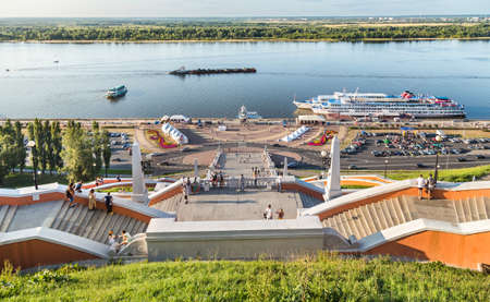 Nizhny Novgorod - August 18, 2018: View of the Chkalov staircase and the Volga river, Nizhny Novgorod, Russiaのeditorial素材