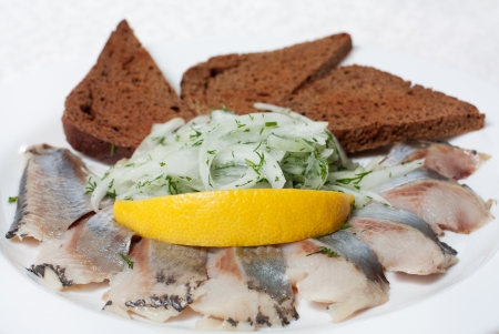 Herring and black bread with onionの写真素材