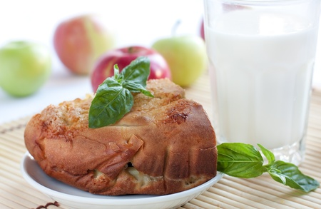 Chunk apple pie and a glass of milk, macroの写真素材