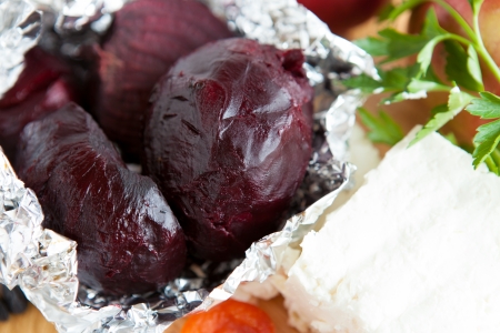 Baked beets and cottage cheese - ingredients for a saladの写真素材