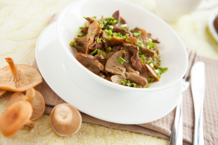 Cooked chanterelles with green onions in a white bowl, close upの写真素材