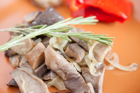 Fried mushrooms close up - oyster mushrooms and rosemaryの写真素材