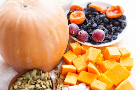 Products - ingredients for baking pumpkin in the oven, close upの写真素材