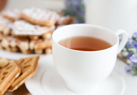 Cup of fragrant tea white porcelain and cookiesの写真素材