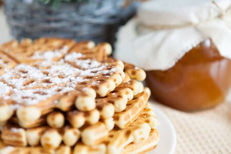 homemade honey waffles - fragrant dessert, close-upの写真素材