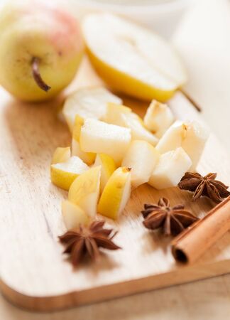 pears and cinnamon, ingredients for making jam, close-upの写真素材