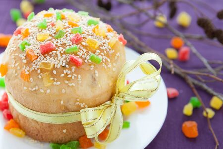 large Easter decorated with ribbons, food close up
