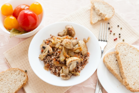 nutritious buckwheat porridge close up, top viewの写真素材