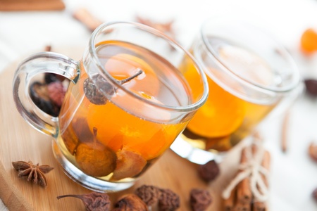 two cups with apple compote, closeupの写真素材