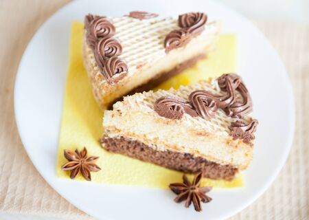 two pieces of cake on a white plate, top view