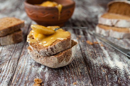 Freshly baked bread with honey, food
