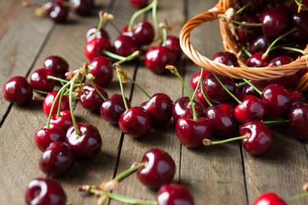ripe juicy cherries on the table, close upの写真素材