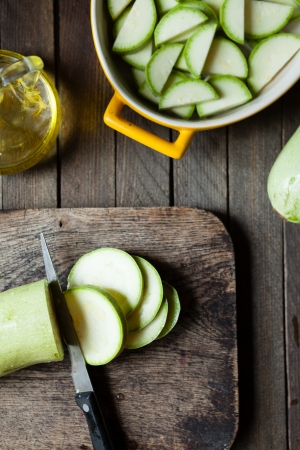 green zucchini in the preparation of food, top viewの写真素材