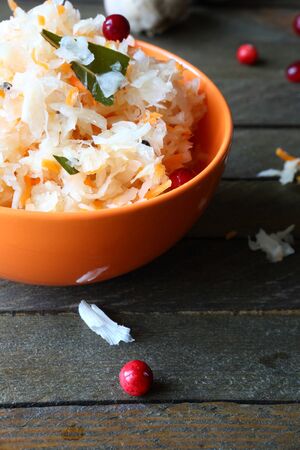 sauerkraut in a bowl on the table, food close upの写真素材