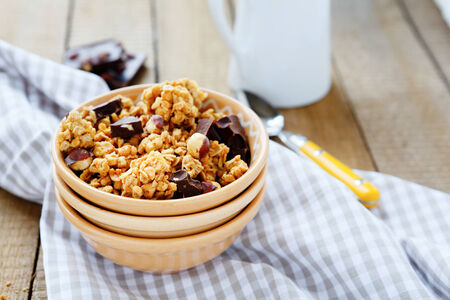 bowl of granola and chocolate chips, food closeup