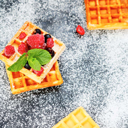 square waffles and fresh summer berries, food closeupの写真素材