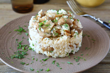 Rice with mushrooms, food closeupの写真素材