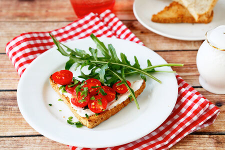 Bruschetta with tomato and arugula on a plate, food closeupの写真素材