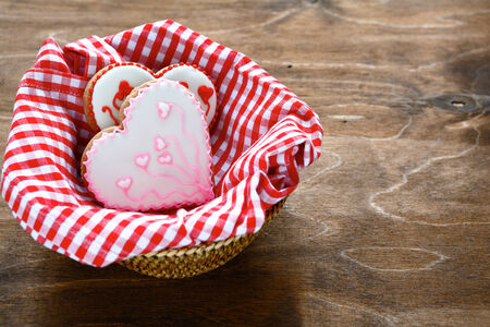 Cookies with icing on a napkin in box. Valentine's Dayの写真素材