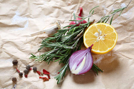 Onion, lemon and spices on paper, herbの写真素材