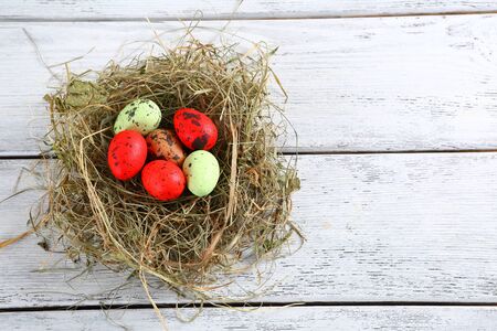 Easter composition eggs in the nest, food
