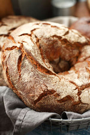 Round rye bread on a napkin, foodの写真素材