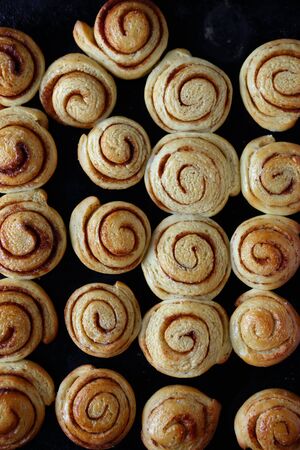 cinnamon rolls top view, homemade pastryの写真素材