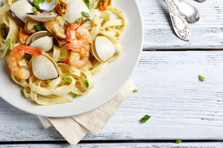 Pasta with delicious shrimp, food top viewの写真素材