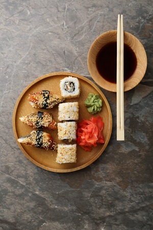 fresh rolls and sushi, food top viewの写真素材